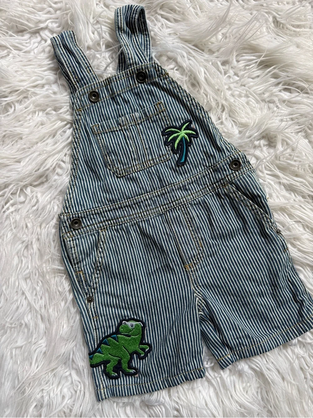 Striped Denim Overalls Shortall with Green Patches